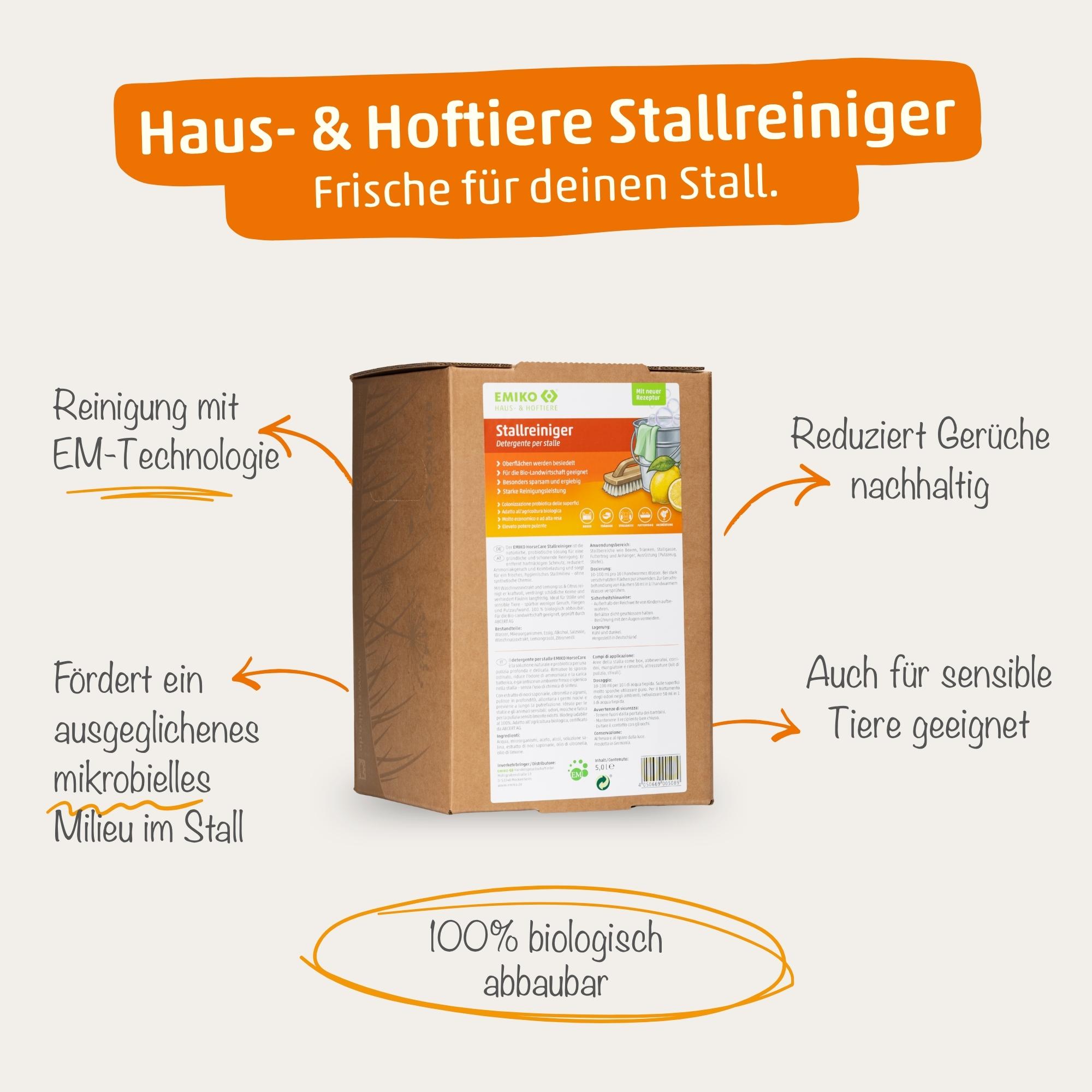 Haus- & Hoftiere Stallreiniger (ehemals HorseCare Stallreiniger) - EM Reiniger für Pferdeställe